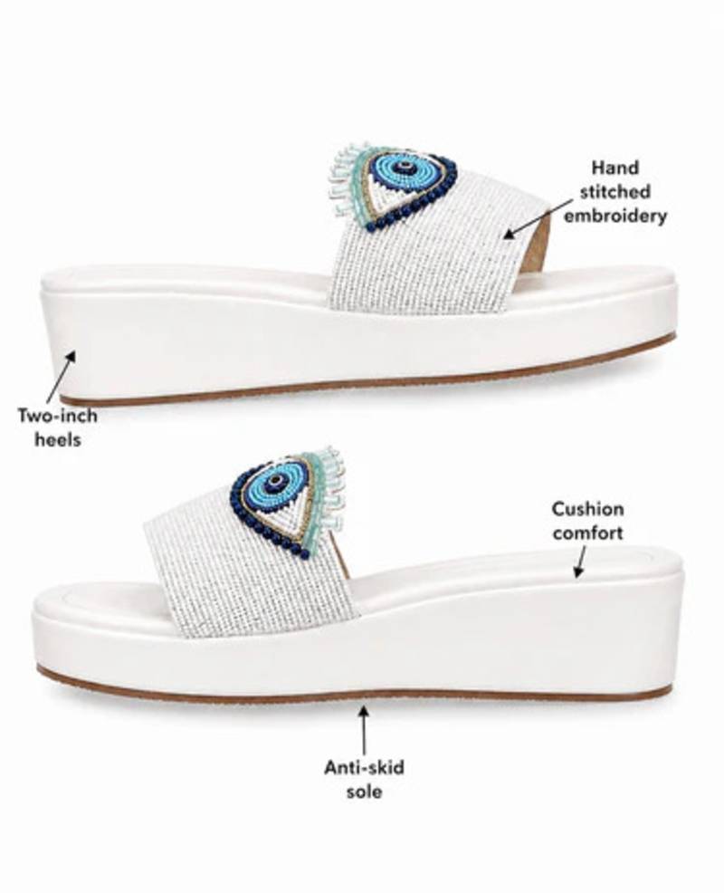 White beaded faux leather platform slides for women