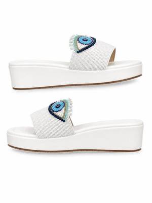 White beaded faux leather platform slides for women 4
