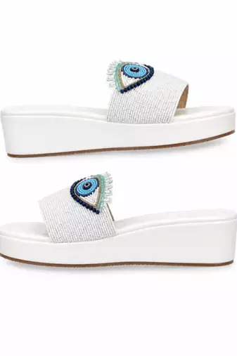 White beaded faux leather platform slides for women