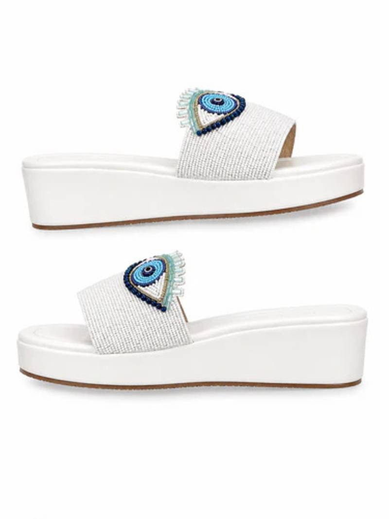 White beaded faux leather platform slides for women