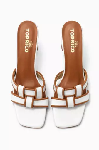 White woven artificial leather flared block heel sandals for women