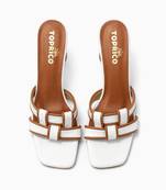 White woven artificial leather flared block heel sandals for women
