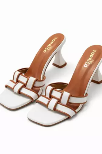 White woven artificial leather flared block heel sandals for women