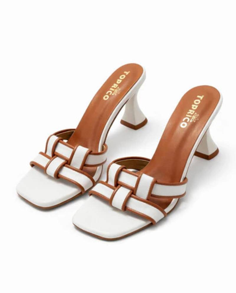 White woven artificial leather flared block heel sandals for women