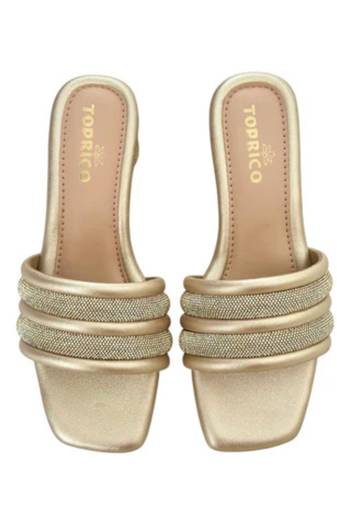 Gold embellished artificial leather block heel sandals for women