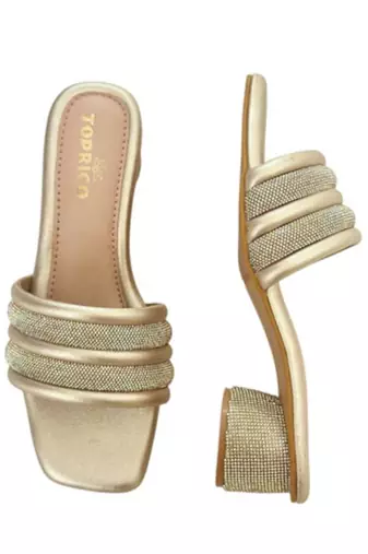 Gold embellished artificial leather block heel sandals for women