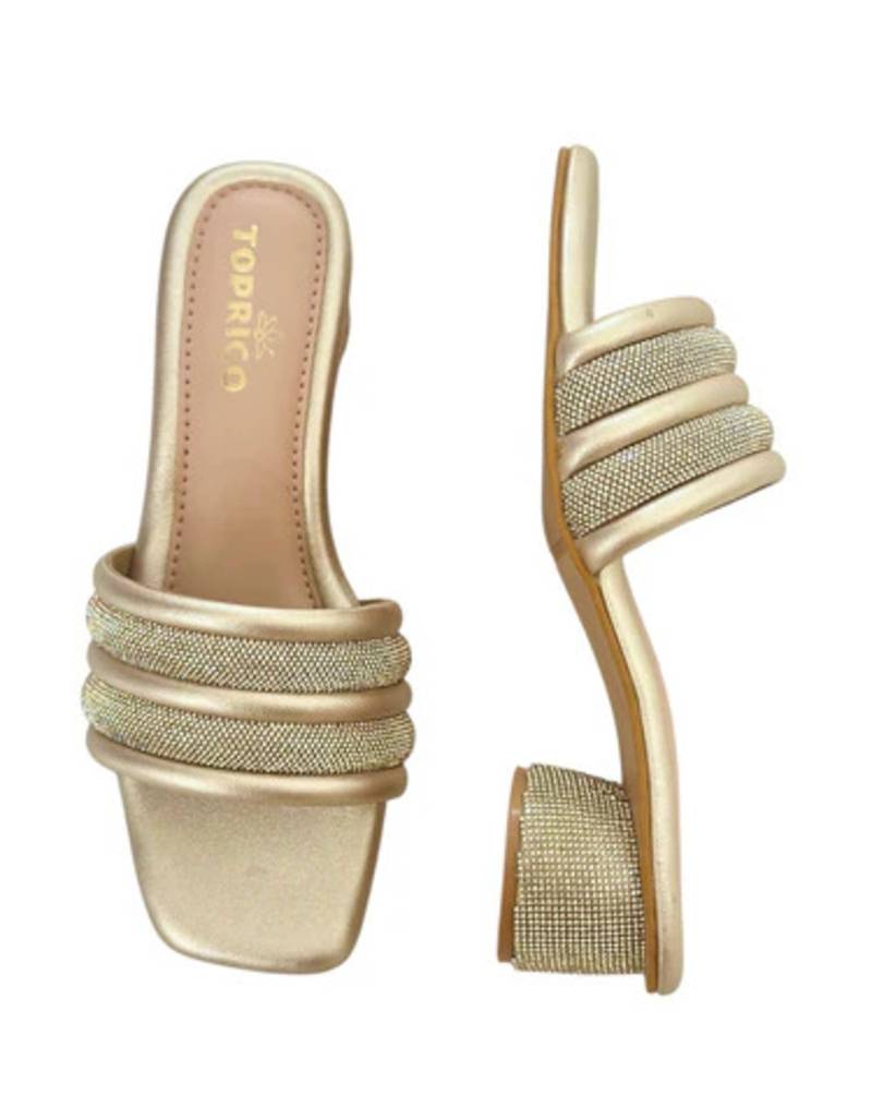 Gold embellished artificial leather block heel sandals for women