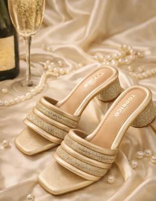 Gold embellished artificial leather block heel sandals for women 3