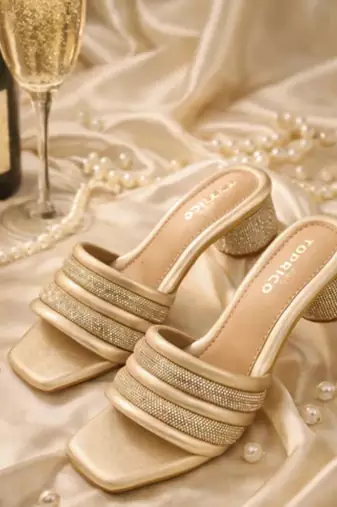 Gold embellished artificial leather block heel sandals for women