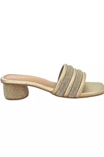 Gold embellished artificial leather block heel sandals for women