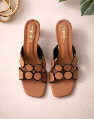 Tan geometric embellished artificial leather flared heel sandals for women 1