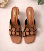Tan geometric embellished artificial leather flared heel sandals for women