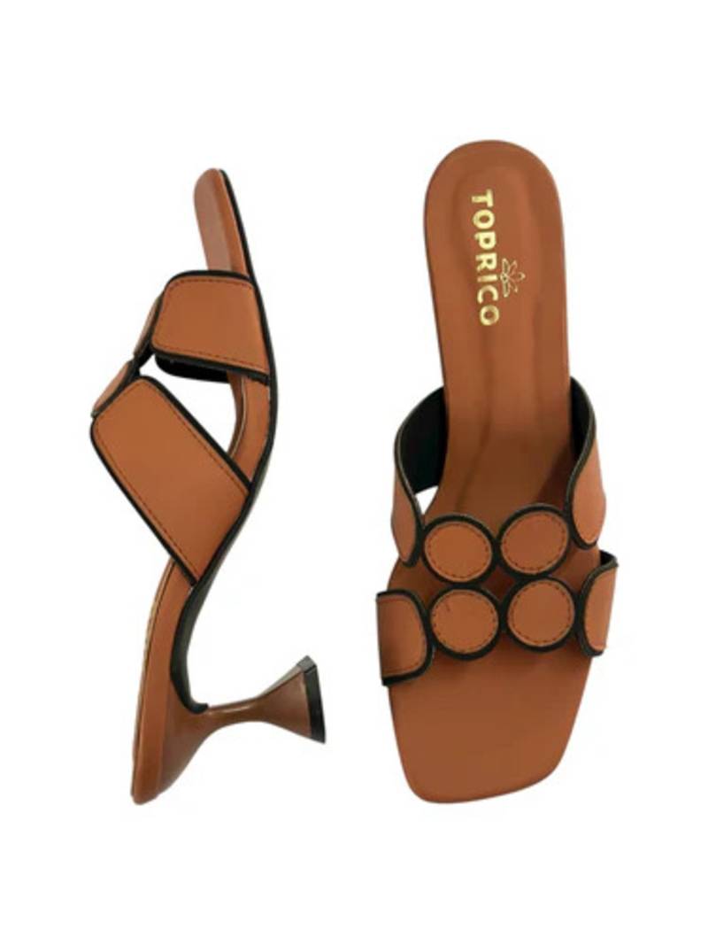 Tan geometric embellished artificial leather flared heel sandals for women