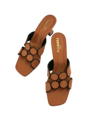 Tan geometric embellished artificial leather flared heel sandals for women 4