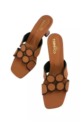 Tan geometric embellished artificial leather flared heel sandals for women