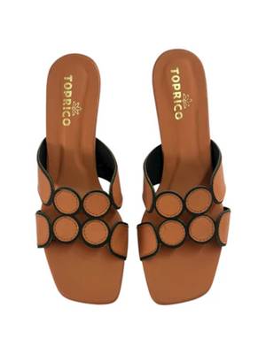 Tan geometric embellished artificial leather flared heel sandals for women 5