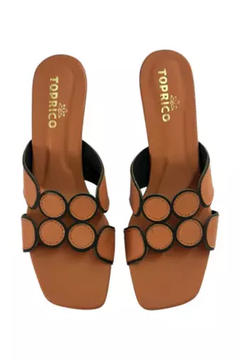 Tan geometric embellished artificial leather flared heel sandals for women