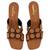 Tan geometric embellished artificial leather flared heel sandals for women