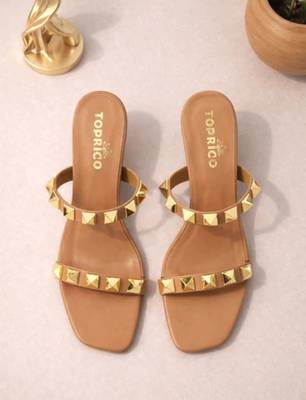 Nude studded artificial leather square toe block heel sandals for women 1