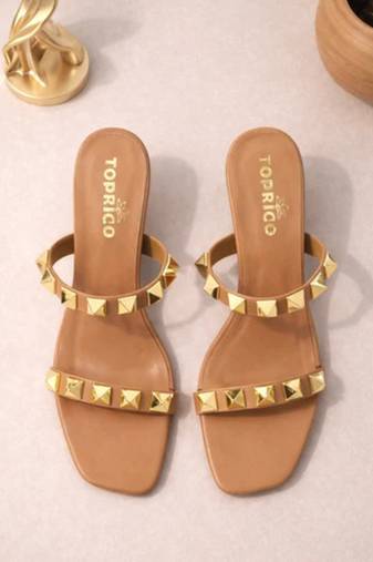 Nude studded artificial leather square toe block heel sandals for women