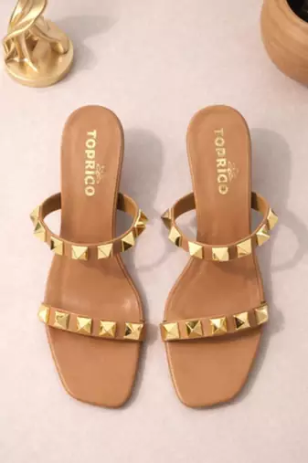 Nude studded artificial leather square toe block heel sandals for women