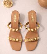 Nude studded artificial leather square toe block heel sandals for women