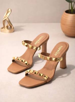 Nude studded artificial leather square toe block heel sandals for women 2