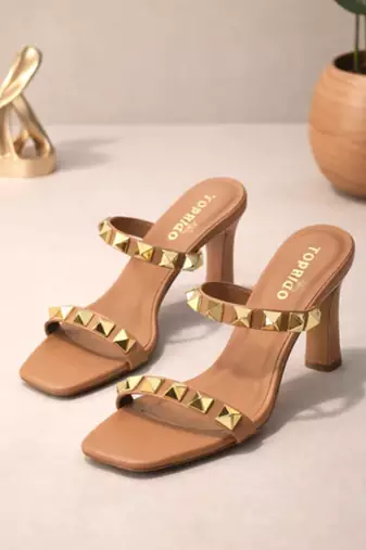 Nude studded artificial leather square toe block heel sandals for women