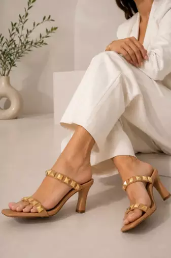 Nude studded artificial leather square toe block heel sandals for women