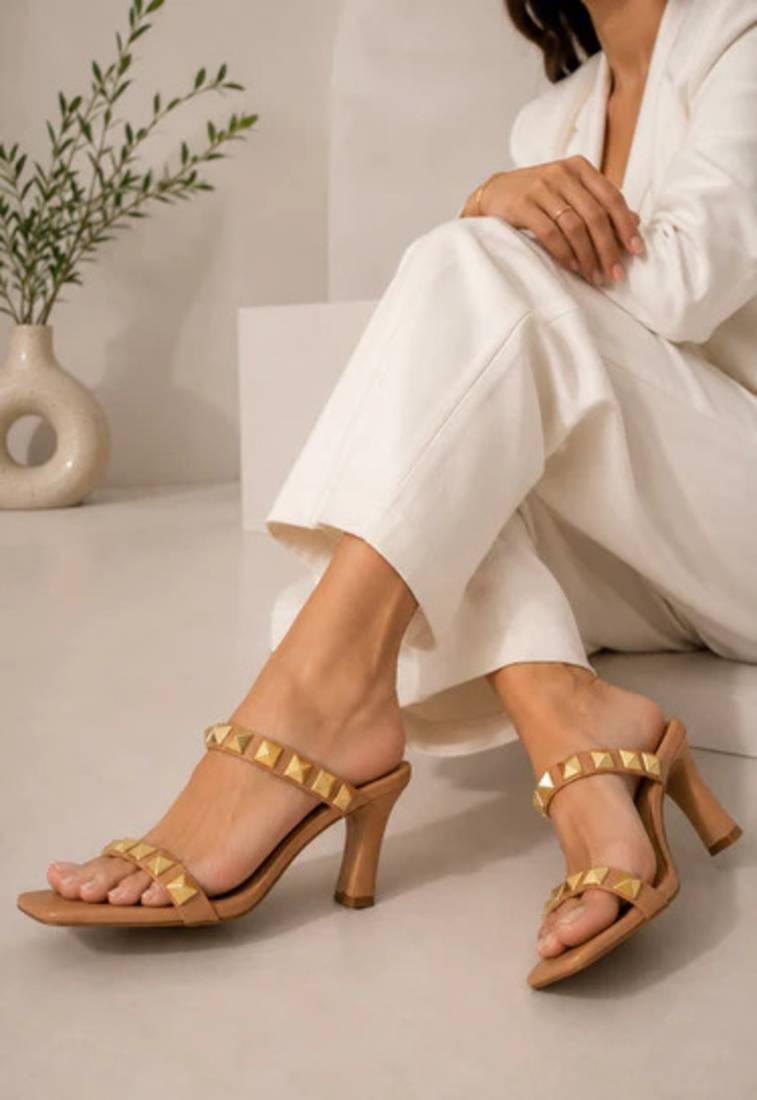 Nude studded artificial leather square toe block heel sandals for women