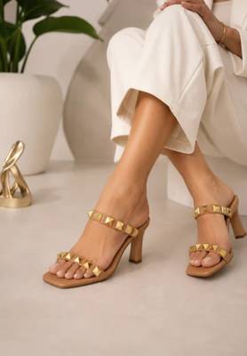 Nude studded artificial leather square toe block heel sandals for women 4