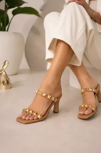 Nude studded artificial leather square toe block heel sandals for women