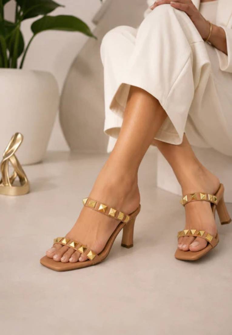Nude studded artificial leather square toe block heel sandals for women