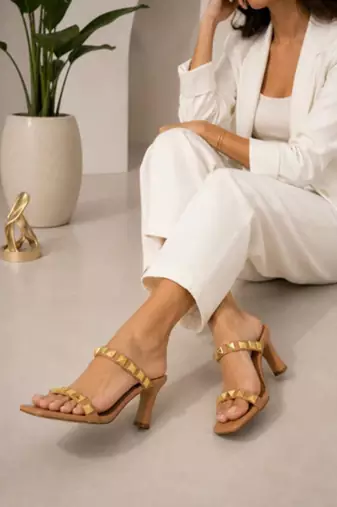 Nude studded artificial leather square toe block heel sandals for women