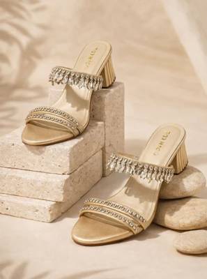 Cream crystal embellished artificial leather block heel sandals for women 1
