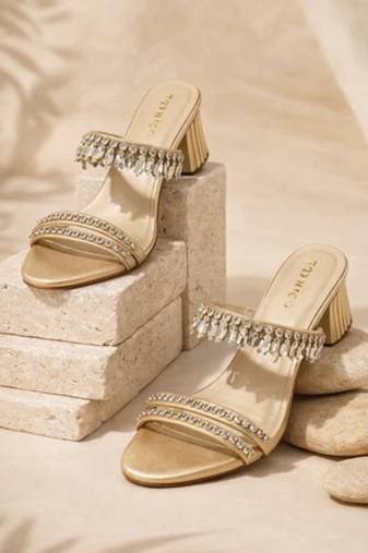 Cream crystal embellished artificial leather block heel sandals for women