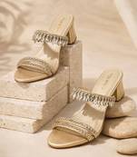 Cream crystal embellished artificial leather block heel sandals for women