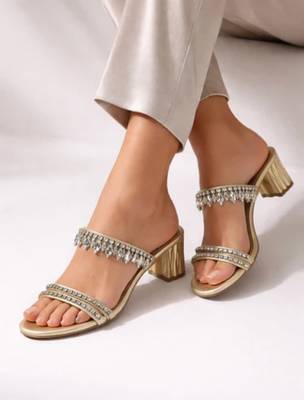 Cream crystal embellished artificial leather block heel sandals for women 2