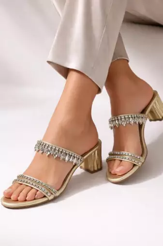 Cream crystal embellished artificial leather block heel sandals for women