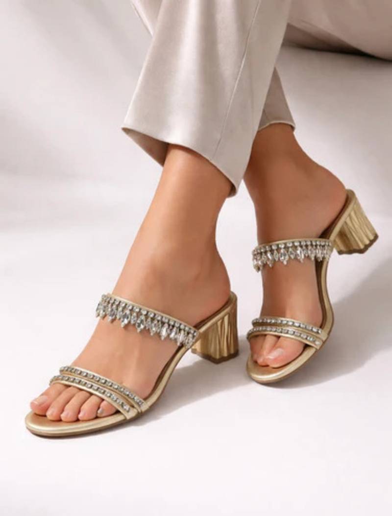 Cream crystal embellished artificial leather block heel sandals for women