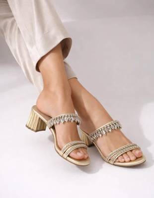 Cream crystal embellished artificial leather block heel sandals for women 3