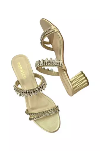 Cream crystal embellished artificial leather block heel sandals for women