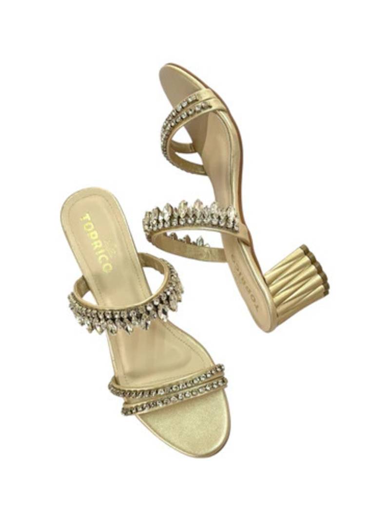 Cream crystal embellished artificial leather block heel sandals for women