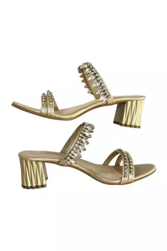 Cream crystal embellished artificial leather block heel sandals for women