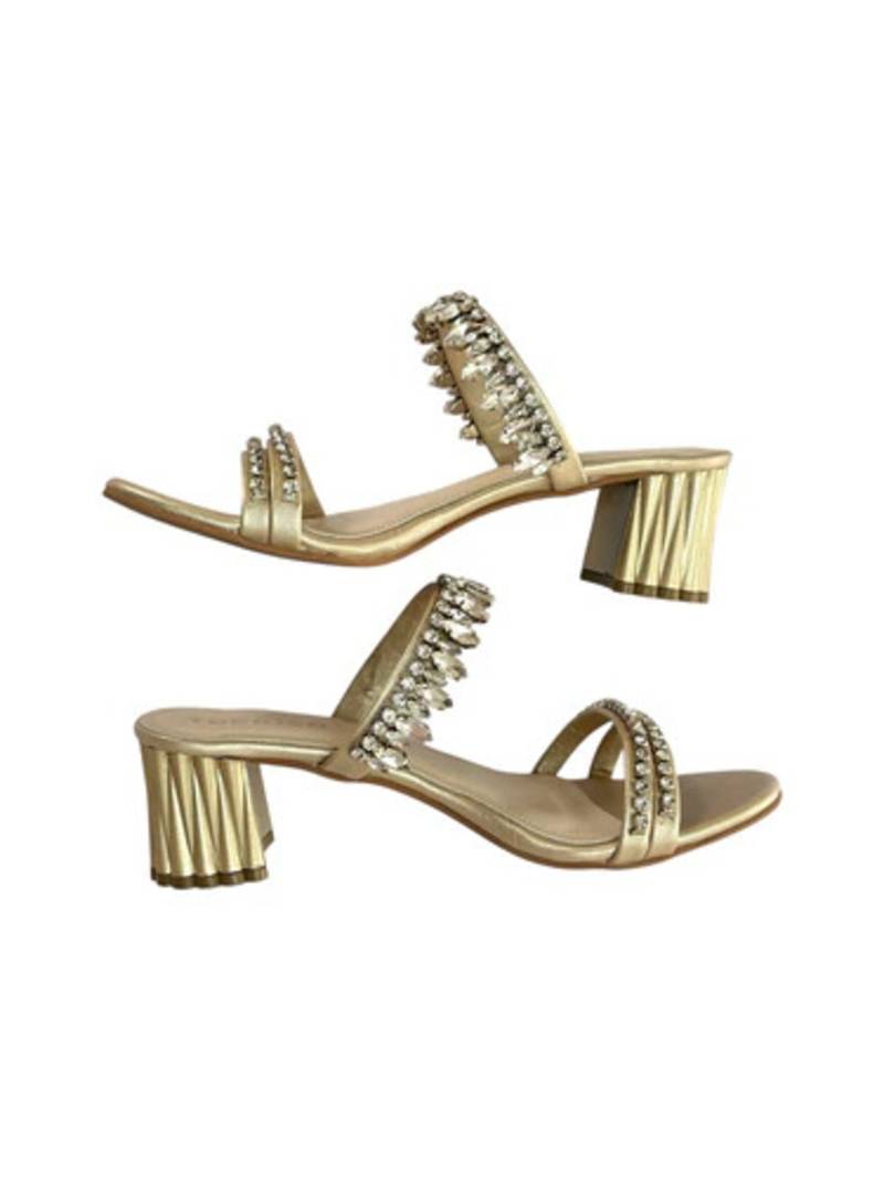 Cream crystal embellished artificial leather block heel sandals for women