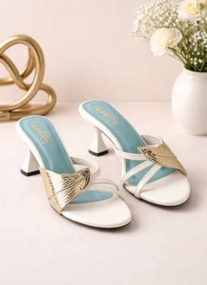 White leaf embellished artificial leather block heel sandals for women 1