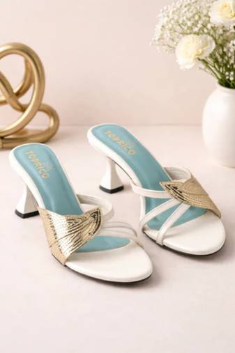 White leaf embellished artificial leather block heel sandals for women
