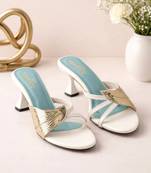 White leaf embellished artificial leather block heel sandals for women