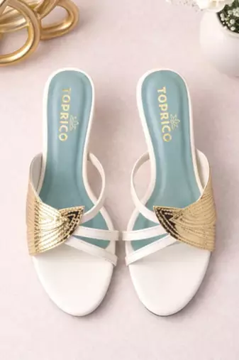 White leaf embellished artificial leather block heel sandals for women