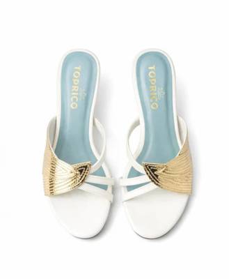 White leaf embellished artificial leather block heel sandals for women 4